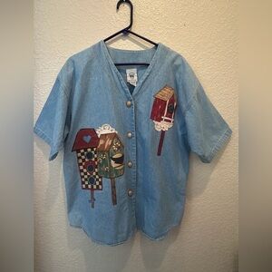 VTG 90s Chambray Denim Shirt Womens One Sz Bird House Embroidery Western Cottage